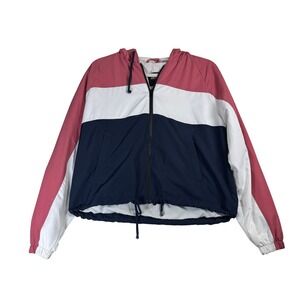 Hollister California Womens Pink White Blue Colorblock Windbreaker Jacket L‎